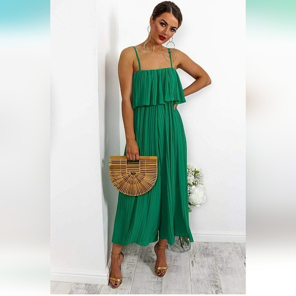 💚 Ethan N Joy Green Pleated Swing Jumpsuit Sleeveless Size Small 💚